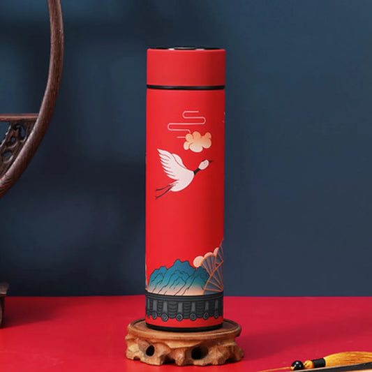  Fine Asianliving Insulated Water Bottle Stainless Steel 500ml Smart LED Temperature Touch Screen Red Cranes