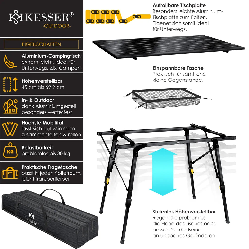  KESSER® Campingtisch Faltbar Klapptisch Camping Tisch Mit Aluminiumrahmen Aufrollbare Tischplatte Falttisch Klappbar Mit Höhenverstellung Inkl. Tragetasche Mit Trageband 90 X 53cm - Bis 30 Kg, Farbe:Schwarz