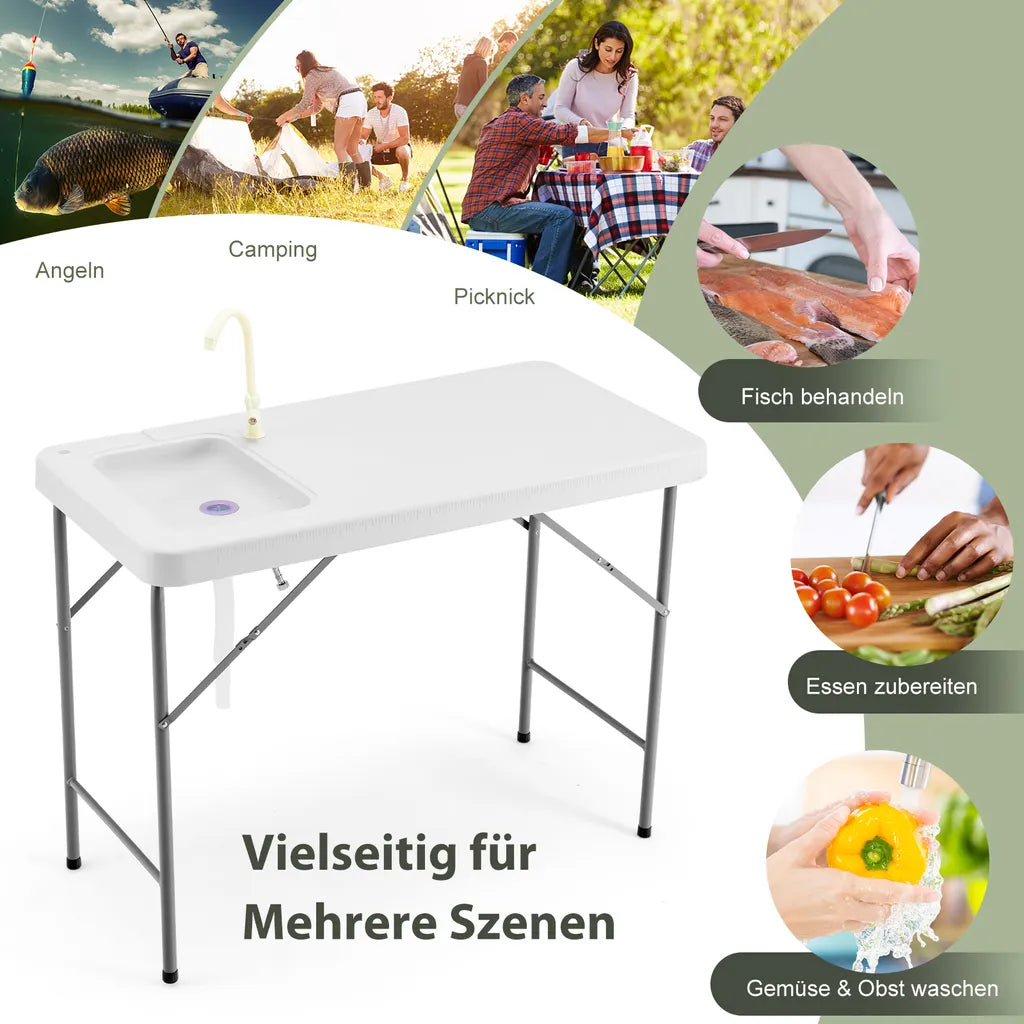  COSTWAY Tragbarer Fischreinigungstisch, Klappbarer Campingtisch Mit Spüle, Wasserhahn, Filetiertisch Outdoorspüle Für Garten, Camping, Angeln