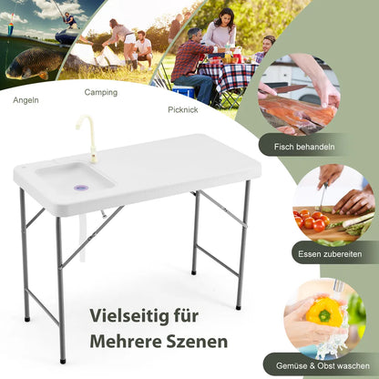  COSTWAY Tragbarer Fischreinigungstisch, Klappbarer Campingtisch Mit Spüle, Wasserhahn, Filetiertisch Outdoorspüle Für Garten, Camping, Angeln