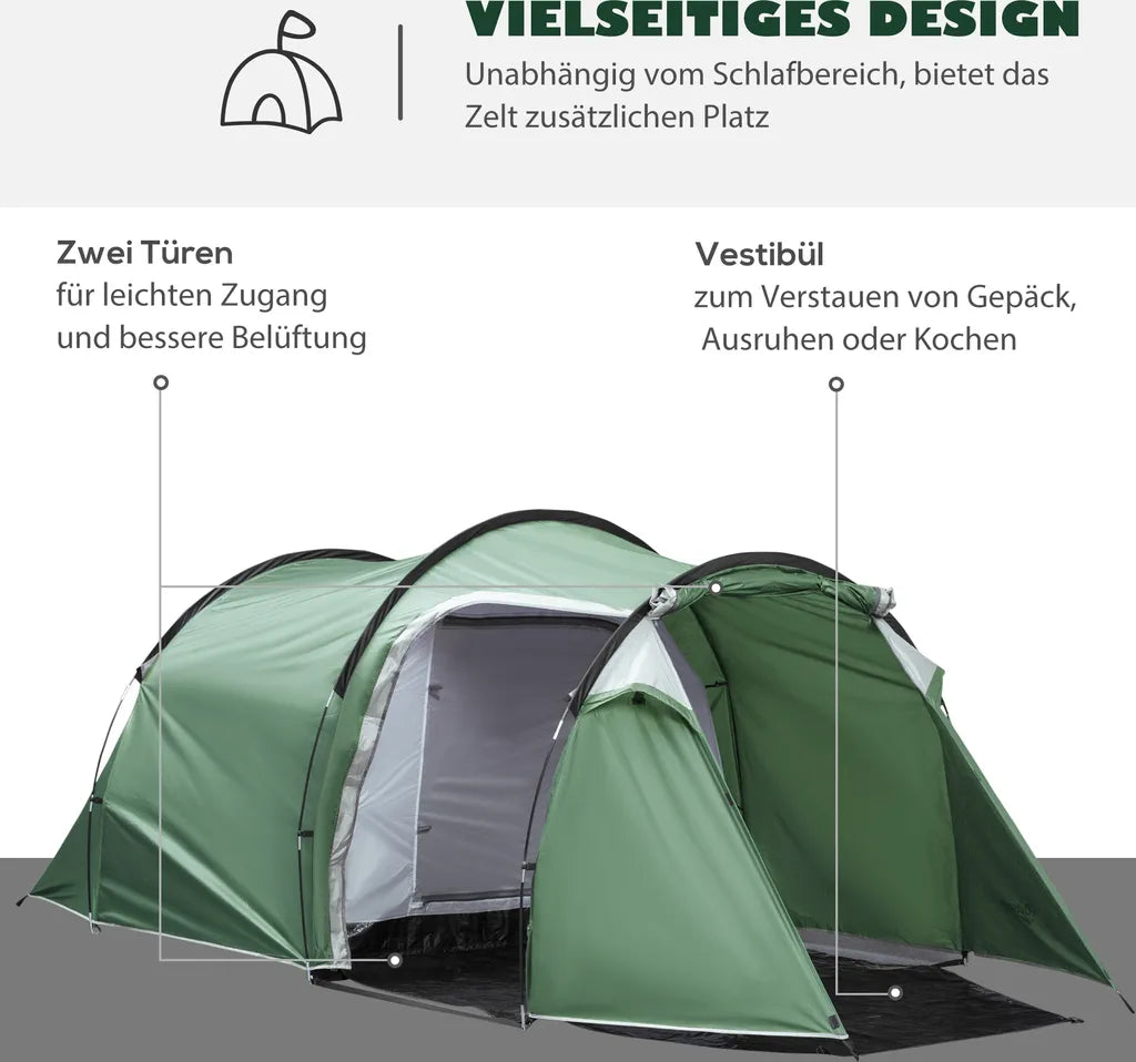  Outsunny Zelt Für 3-4 Personen 190T Tunnelzelt Campingzelt Mit Heringen Glasfaser Polyester Dunkelgrün 426 X 206 X 154 Cm