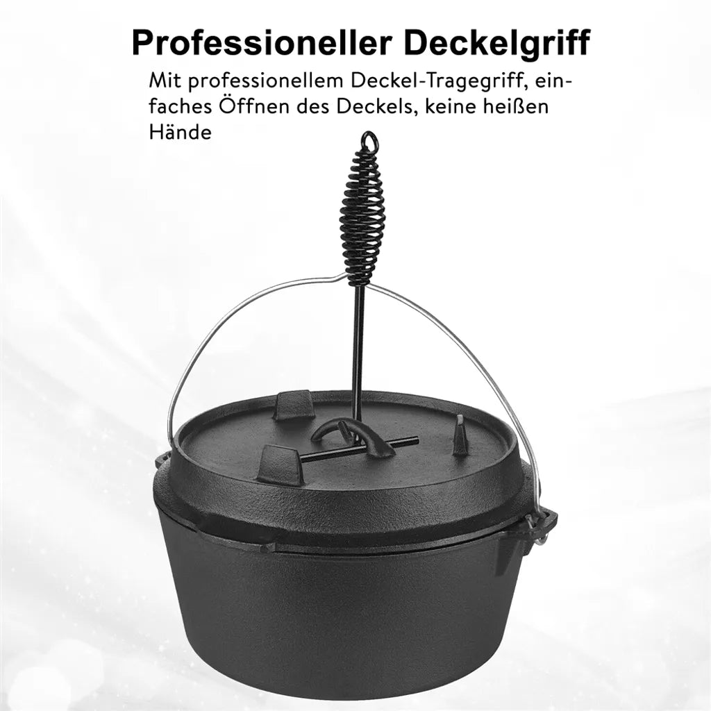 Mucola Gusseisen Feuertopf Gusstopf Inkl. Deckelgriff 2in1 Kochtopf & Pfanne 4,2L Dutch Oven Potjie Camping Kochgeschirr