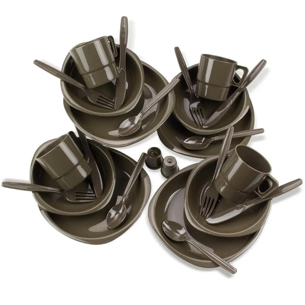  Black Snake® Camping Geschirrset | 26 Tlg. Bruchfestes Outdoor Geschirr- Und Besteckset Für 4 Personen | Oliv