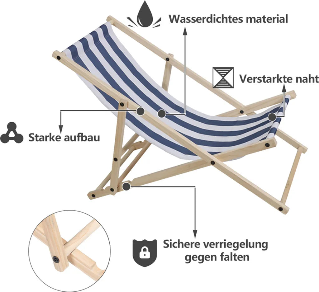  Karpal Klappbar Holzliegestuhl Campingstuhl Abnehmbarem Strandliege Fuer Den Garten, Terrasse Und Balkon 120 Kg Max.(Blau-Weiss-gestreift)