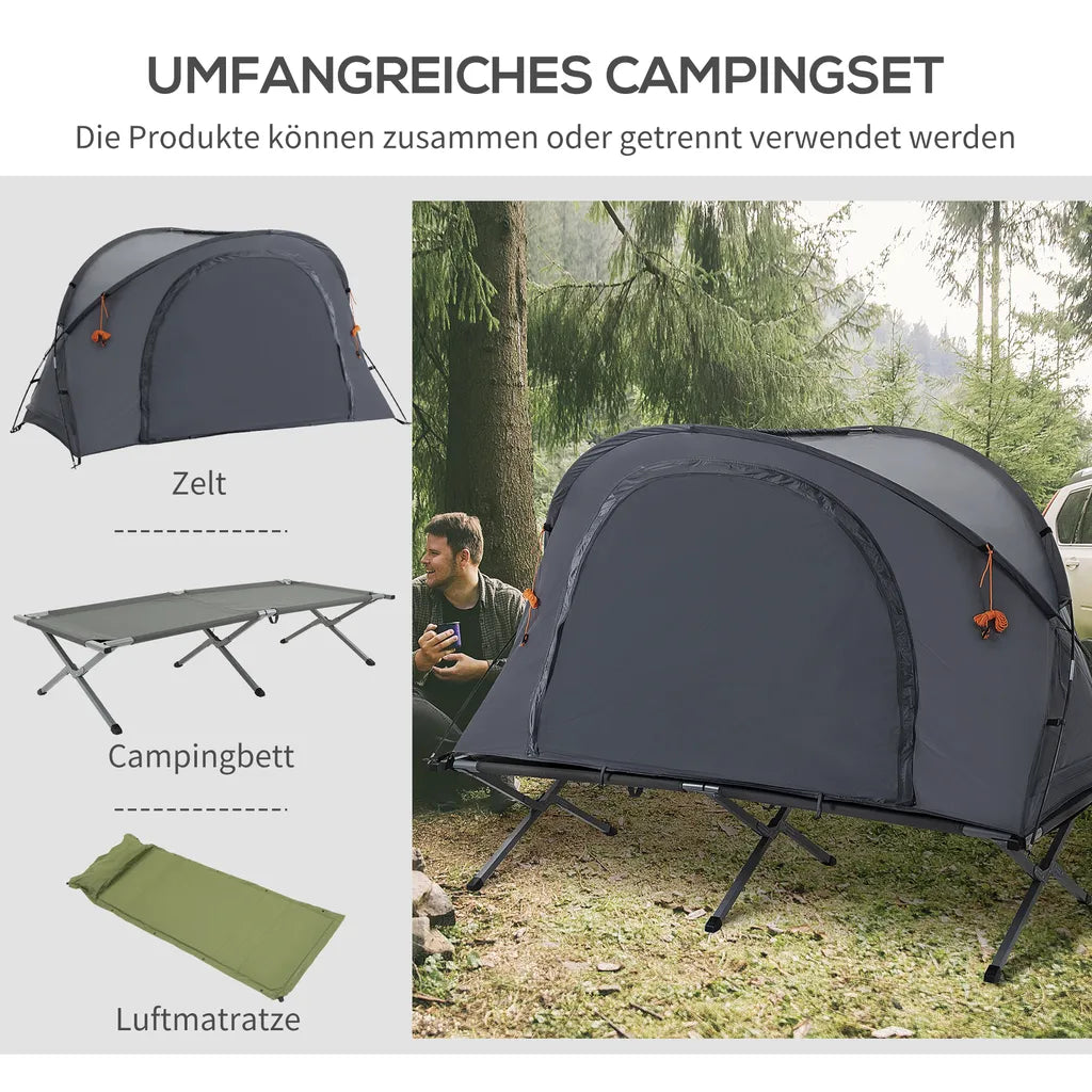  Outsunny Campingbett Mit Zelt Erhöhtes Feldbett Für 1 Person Kuppelzelt Mit Luftmatratze Inkl. Tragetasche Grau 200 X 86 X 147 Cm
