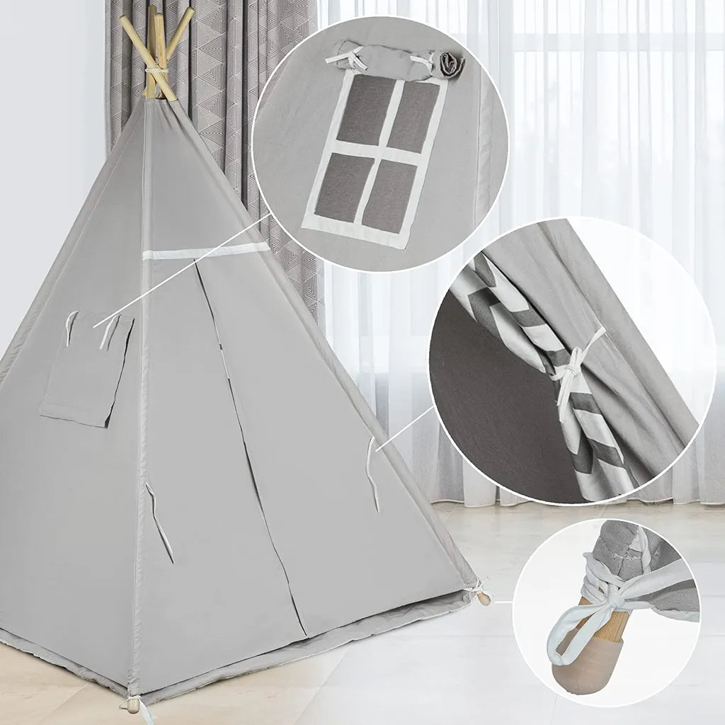  ONVAYA® Tipi Kinderzelt | Spielzelt Für Kinderzimmer & Garten | Tipi-Zelt Für Kinder | Mit Gemütlicher Bodenmatte | Indoor & Outdoor | Aus Holz & Baumwolle | Grau