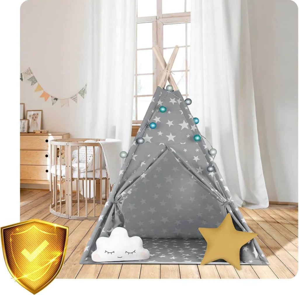  Tipi Zelt Spielzelt Baumwolle Kinderzelt Mit 2 Kissen Matratze Beleuchtung - Grau Mit Sternen
