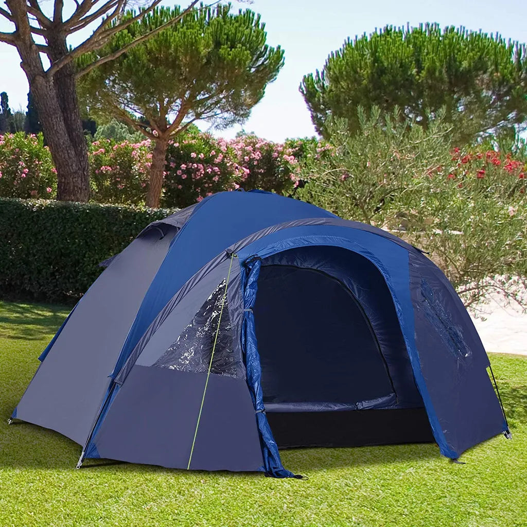  Outsunny Doppelwandzelt Kuppelzelt Outdoor Iglu Familienzelt Für 4 Personen 4 Jahreszeiten Wasserdicht Mit Tragetasche Moskitonetz Tür Polyester + Glasfaser Blau 250 X 300 X 130 Cm