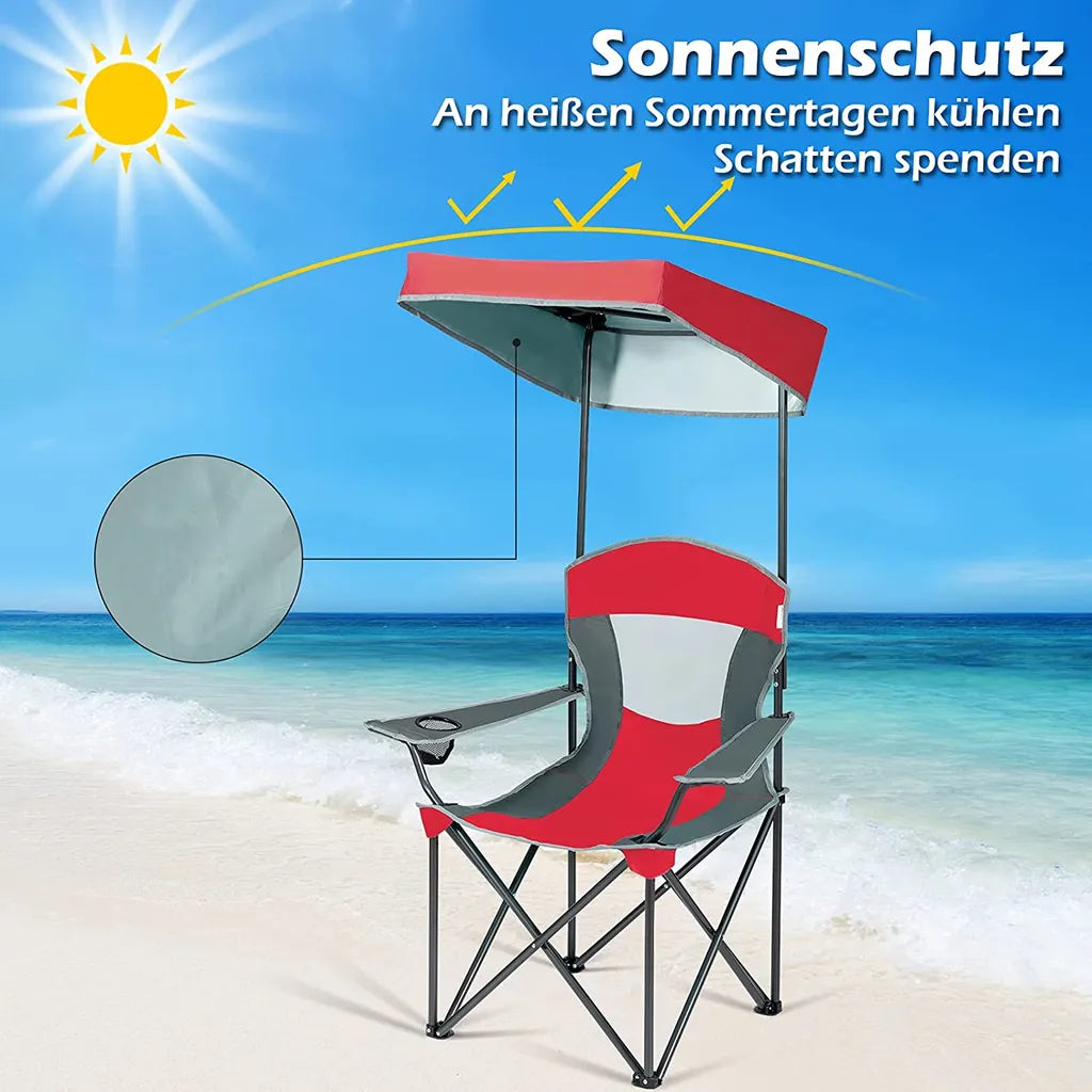  COSTWAY Campingstuhl Mit Sonnendach, Belastbar Bis 150kg, Klappstuhl, Für Strand, Garten, Terrasse, 90x72x150cm, Rot