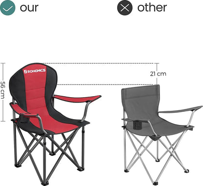  SONGMICS Campingstuhl, Klappbar, Klappstuhl, Bequemer Mit Schaumstoff Gepolsterter Sitz, Mit Flaschenhalter, Hoch Belastbar, Max. Belastbarkeit 250 Kg, Outdoor Stuhl, Rot GCB06BK