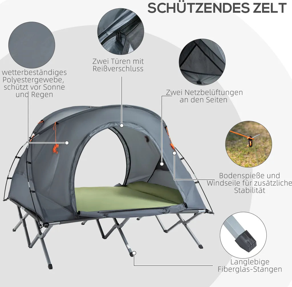  Outsunny Campingbett Mit Zelt Erhöhtes Feldbett Für 2 Person Kuppelzelt Mit Luftmatratze Inkl. Tragetasche Grau 200 X 146 X 159 Cm