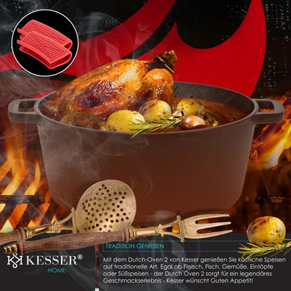  KESSER® Dutch Oven 2in1 Gusseisen Topf 4,8L Und Pfanne 1,8L Einsatzfertig Eingebrannt Inkl. Kochbuch Schmortopf Doppelfunktion Deckel/Bratpfanne Für Küche Camping Garten BBQ Backen Gasgrill, Farbe:Schwarz