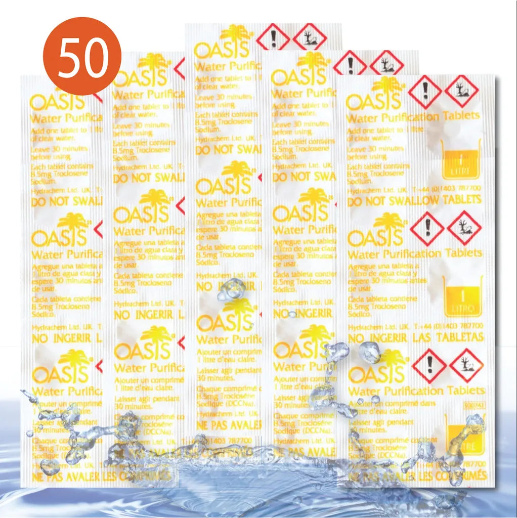  LevinQ Wasserreinigungstabletten [50Stk] *NSF* 100%keimfreies Trinkwasser 1 Ltr/Tablette +Handschuhe PE | Wasserentkeimungstabletten Fur Krisenvorsorge Outdoor, Notfall, Camping, Reiseapotheke