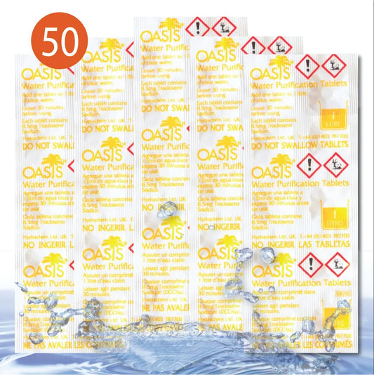  LevinQ Wasserreinigungstabletten [50Stk] *NSF* 100%keimfreies Trinkwasser 1 Ltr/Tablette +Handschuhe PE | Wasserentkeimungstabletten Fur Krisenvorsorge Outdoor, Notfall, Camping, Reiseapotheke
