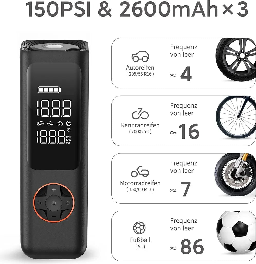  QiCYCLE Elektrische Luftpumpe, Tragbarer Luftkompressor Mit LED-Licht, Hochpräziser Digitaler Akku-Kompressor Reifenfüller Für Auto, Motorräder, Fahrräder, Bälle