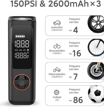  QiCYCLE Elektrische Luftpumpe, Tragbarer Luftkompressor Mit LED-Licht, Hochpräziser Digitaler Akku-Kompressor Reifenfüller Für Auto, Motorräder, Fahrräder, Bälle