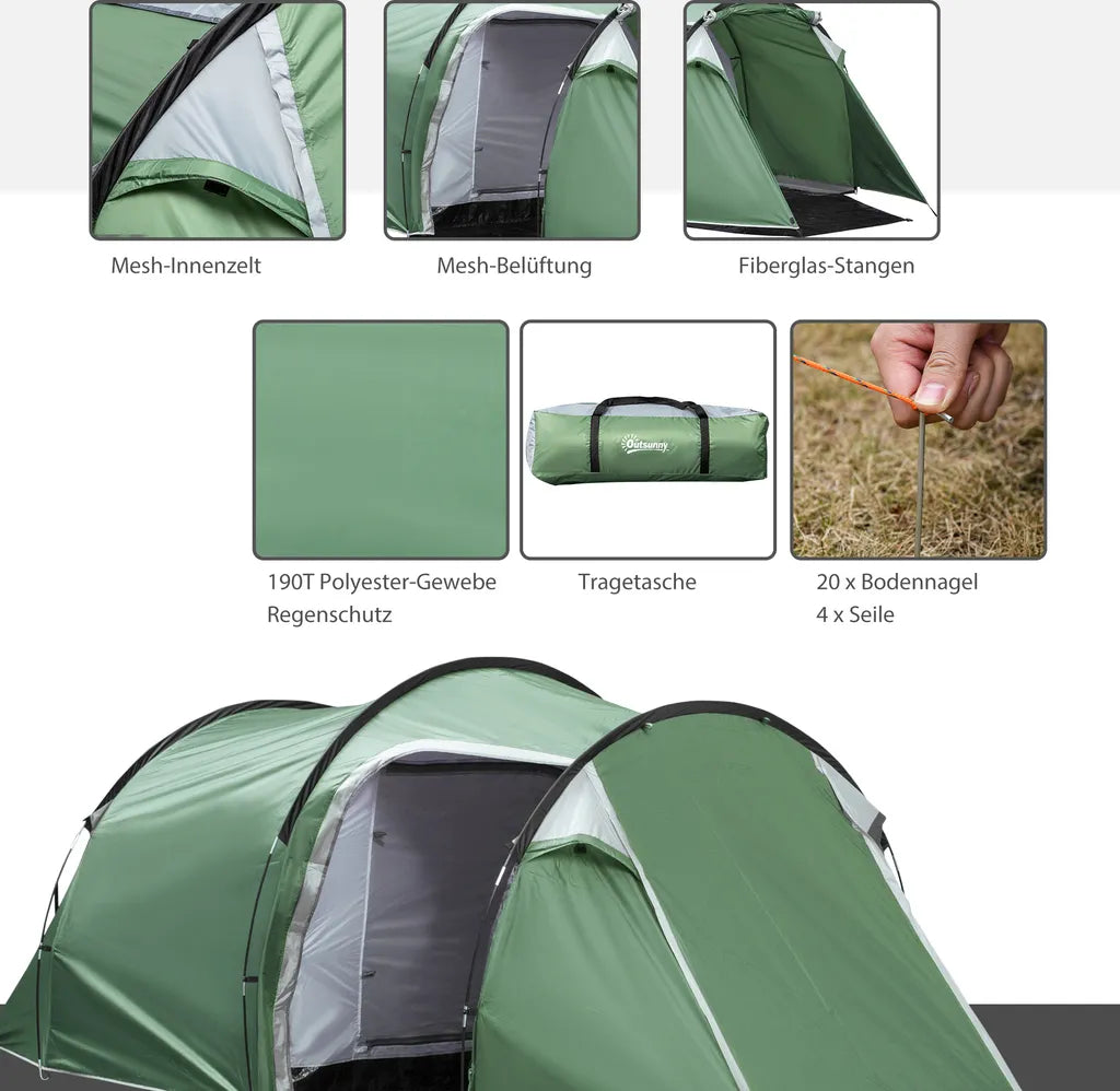  Outsunny Zelt Für 3-4 Personen 190T Tunnelzelt Campingzelt Mit Heringen Glasfaser Polyester Dunkelgrün 426 X 206 X 154 Cm