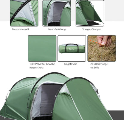  Outsunny Zelt Für 3-4 Personen 190T Tunnelzelt Campingzelt Mit Heringen Glasfaser Polyester Dunkelgrün 426 X 206 X 154 Cm