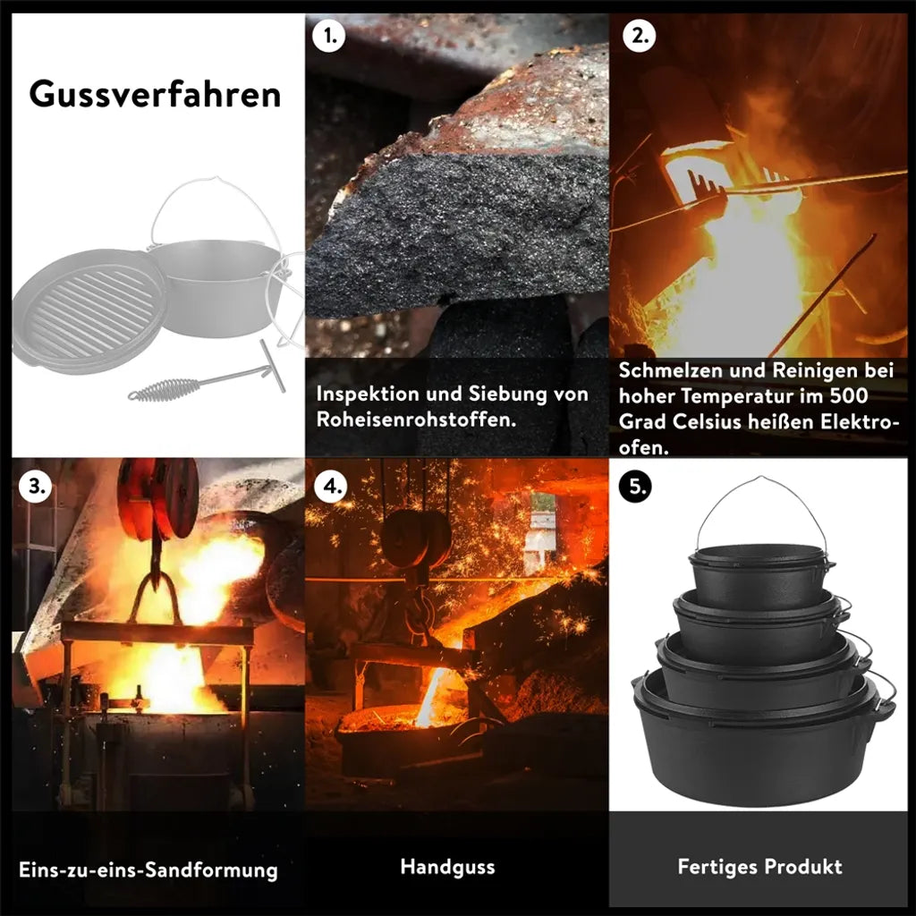 Mucola Gusseisen Feuertopf Gusstopf Inkl. Deckelgriff 2in1 Kochtopf & Pfanne 4,2L Dutch Oven Potjie Camping Kochgeschirr