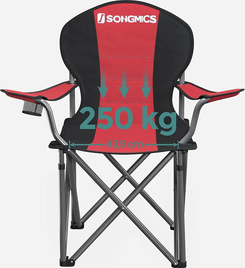  SONGMICS Campingstuhl, Klappbar, Klappstuhl, Bequemer Mit Schaumstoff Gepolsterter Sitz, Mit Flaschenhalter, Hoch Belastbar, Max. Belastbarkeit 250 Kg, Outdoor Stuhl, Rot GCB06BK