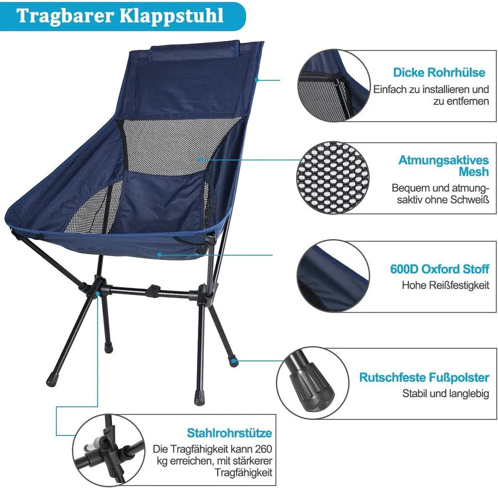  Campingstühle, Klappbarer Campingstuhl Mit Hoher Rückenlehne Und Tragetasche, Angelstuhl Für Sport Picknick Strand Wandern Camping, Klapp Stuhl Bis 130KG Belastbar
