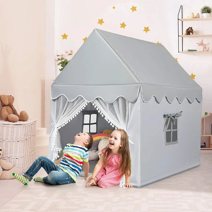  COSTWAY Kinderspielhaus Kinderzelt Spielhaus Prinzess Prinzessin, Kinderspielzelt Stoffzelt Mit Massivholzrahmen & Baumwolldecke, Kinderspielburg Für Jungen Märchen 120x105x140cm (Grau)