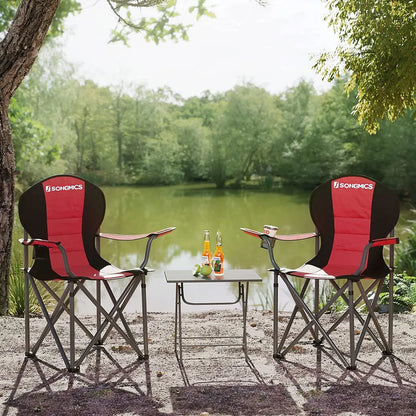  SONGMICS Campingstuhl, Klappbar, Klappstuhl, Bequemer Mit Schaumstoff Gepolsterter Sitz, Mit Flaschenhalter, Hoch Belastbar, Max. Belastbarkeit 250 Kg, Outdoor Stuhl, Rot GCB06BK
