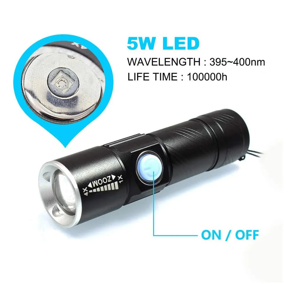  UV Taschenlampe Ultraviolette Lampenjagd 395nm Torch 4 Modi Blacklight Taschenlampen