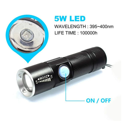  UV Taschenlampe Ultraviolette Lampenjagd 395nm Torch 4 Modi Blacklight Taschenlampen