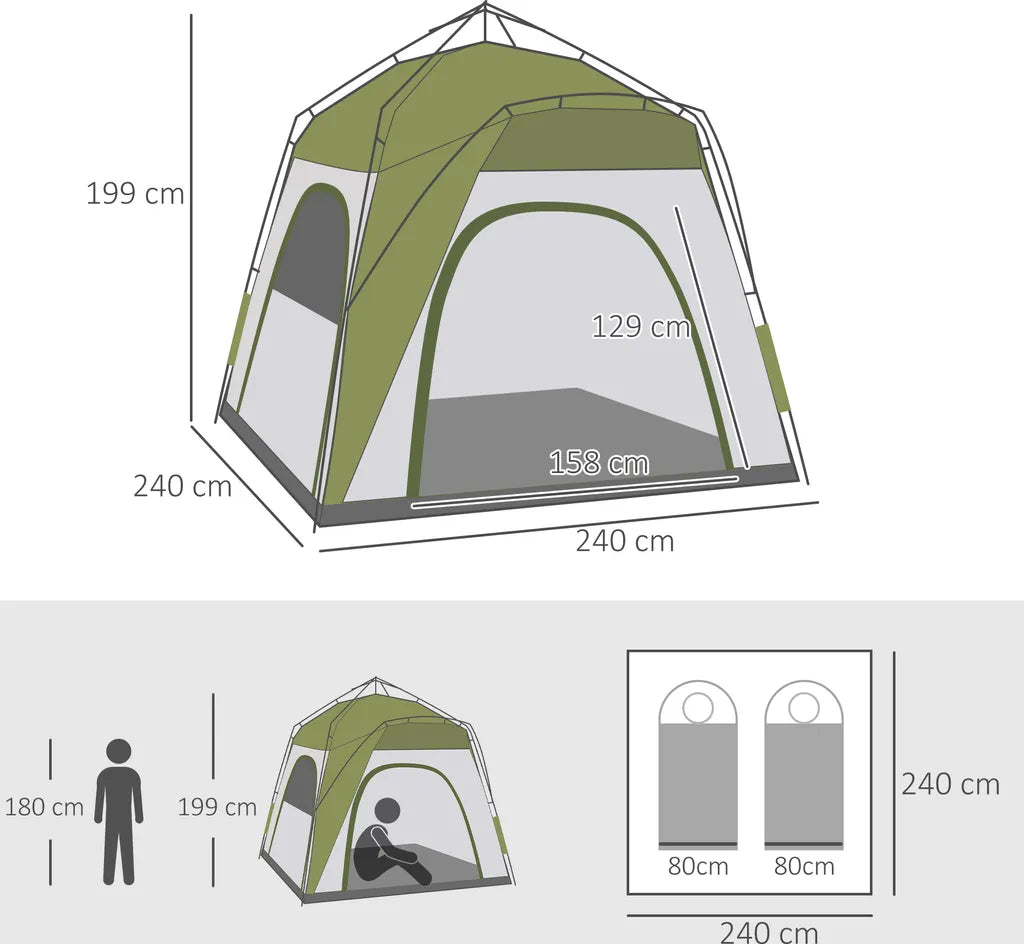  Outsunny Camping Zelt 4 Personen Zelt Familienzelt Mit Fenster 190T PU1000mm Einfache Einrichtung Für Familien Trekking Festival Aluminiumlegierung Glasfaser Grün+Grau 240 X 240 X 199 Cm