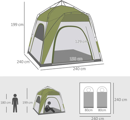  Outsunny Camping Zelt 4 Personen Zelt Familienzelt Mit Fenster 190T PU1000mm Einfache Einrichtung Für Familien Trekking Festival Aluminiumlegierung Glasfaser Grün+Grau 240 X 240 X 199 Cm