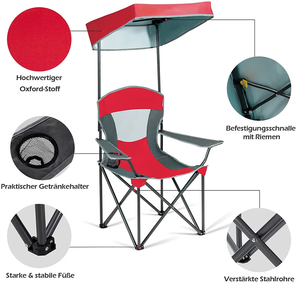  COSTWAY Campingstuhl Mit Sonnendach, Belastbar Bis 150kg, Klappstuhl, Für Strand, Garten, Terrasse, 90x72x150cm, Rot
