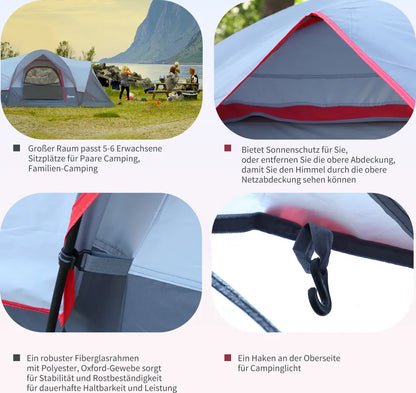  Outsunny Zelt Für 5-6 Personen, Campingzelt Mit Heringen, Tunnelzelt, Kuppelzelt, Polyester, Grau, 4,55 X 2,3 X 1,8 M