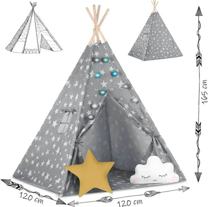  Tipi Zelt Spielzelt Baumwolle Kinderzelt Mit 2 Kissen Matratze Beleuchtung - Grau Mit Sternen