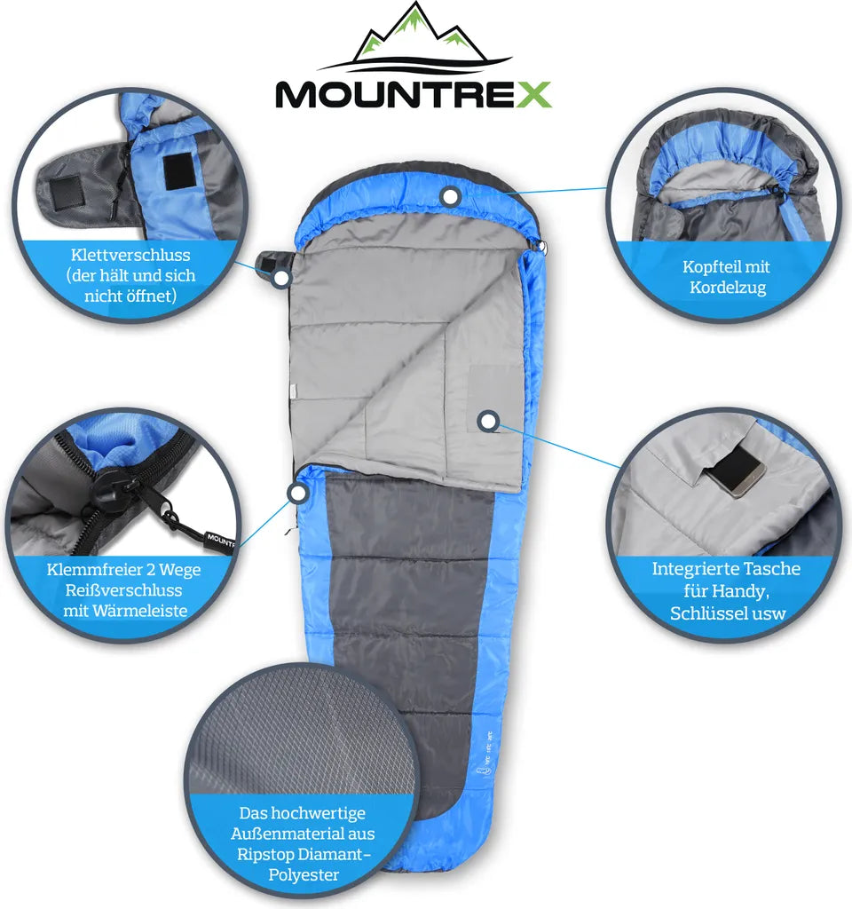  MOUNTREX® Schlafsack – Ultraleicht & Kompakt (850g) - Outdoor Sommerschlafsack - Mumienschlafsack (205x75cm) - Kleines Packmaß Und Leicht - Jugendliche Und Erwachsene + Bonus Reisekissen (Blau)