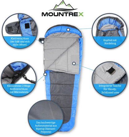  MOUNTREX® Schlafsack – Ultraleicht & Kompakt (850g) - Outdoor Sommerschlafsack - Mumienschlafsack (205x75cm) - Kleines Packmaß Und Leicht - Jugendliche Und Erwachsene + Bonus Reisekissen (Blau)