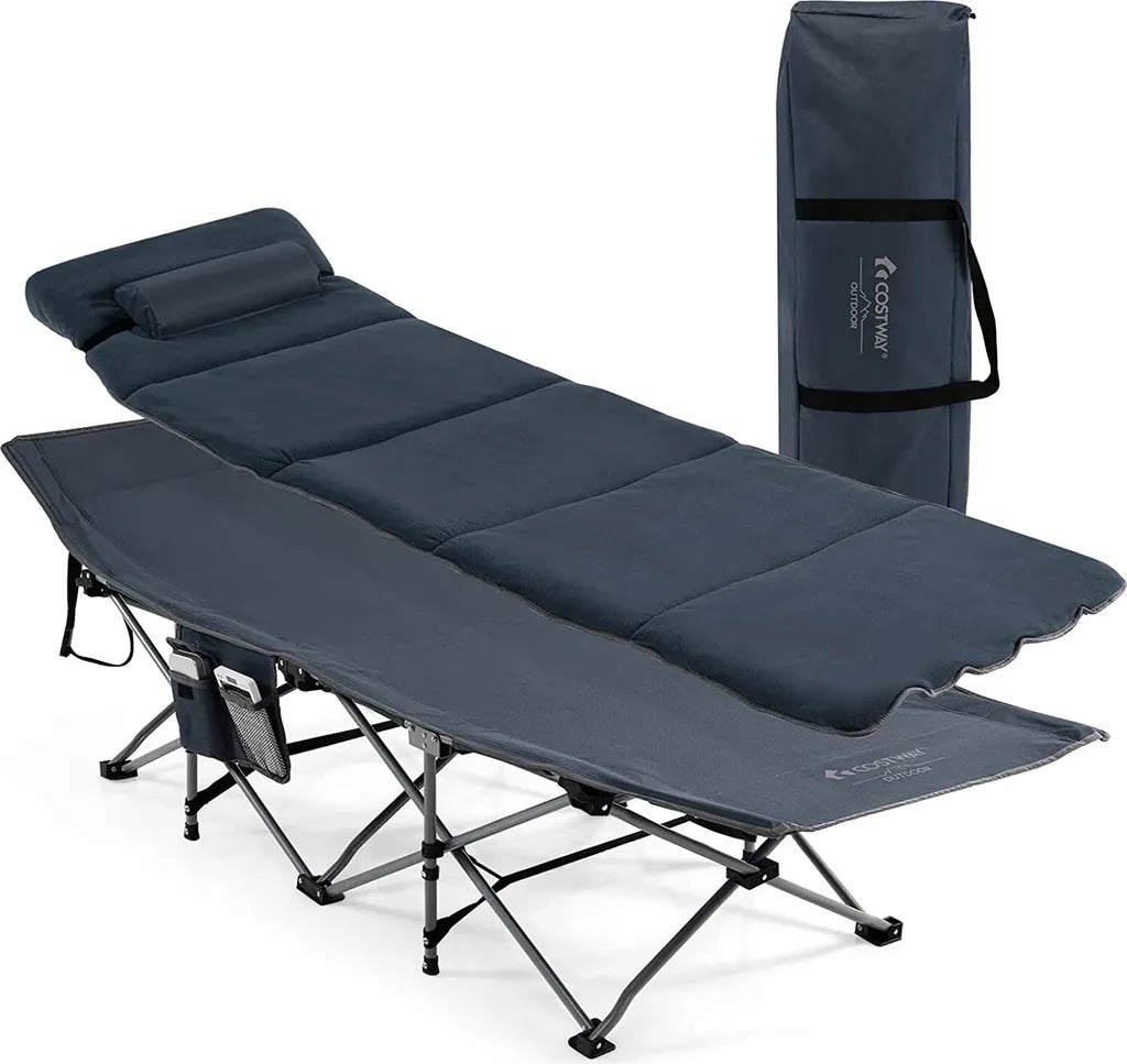  COSTWAY Feldbett Klappbar 190x67x53cm Campingbett Bis 150 Kg Belastbar Klappbett Mit Matratze, Kissen & Seitentasche, Tragbares Campingliege Inkl. Tragetasche Für Camping & Strand Blau