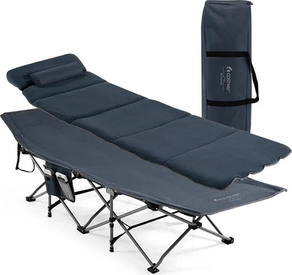  COSTWAY Feldbett Klappbar 190x67x53cm Campingbett Bis 150 Kg Belastbar Klappbett Mit Matratze, Kissen & Seitentasche, Tragbares Campingliege Inkl. Tragetasche Für Camping & Strand Blau