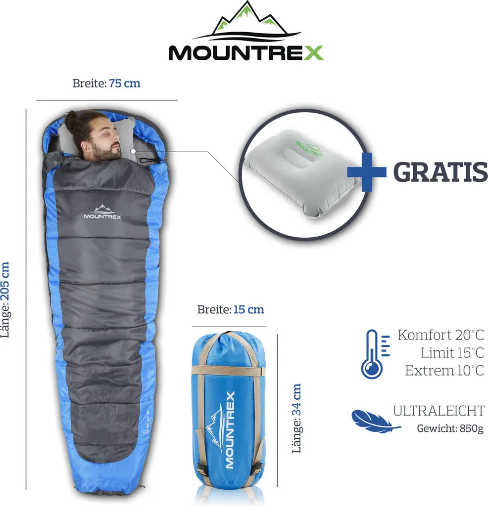  MOUNTREX® Schlafsack – Ultraleicht & Kompakt (850g) - Outdoor Sommerschlafsack - Mumienschlafsack (205x75cm) - Kleines Packmaß Und Leicht - Jugendliche Und Erwachsene + Bonus Reisekissen (Blau)