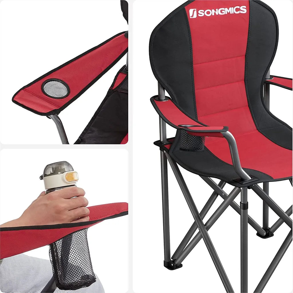  SONGMICS Campingstuhl, Klappbar, Klappstuhl, Bequemer Mit Schaumstoff Gepolsterter Sitz, Mit Flaschenhalter, Hoch Belastbar, Max. Belastbarkeit 250 Kg, Outdoor Stuhl, Rot GCB06BK