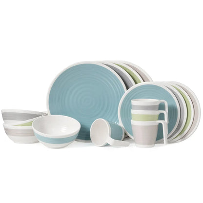  Melamin Camping Geschirr Set 4 Personen Harmonie 16 Teilig + Milano Gläser Wassergläser Tafelgeschirr Picknick BBQ Kochgeschirr