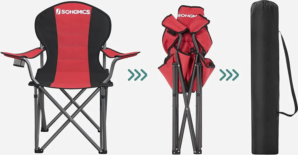  SONGMICS Campingstuhl, Klappbar, Klappstuhl, Bequemer Mit Schaumstoff Gepolsterter Sitz, Mit Flaschenhalter, Hoch Belastbar, Max. Belastbarkeit 250 Kg, Outdoor Stuhl, Rot GCB06BK