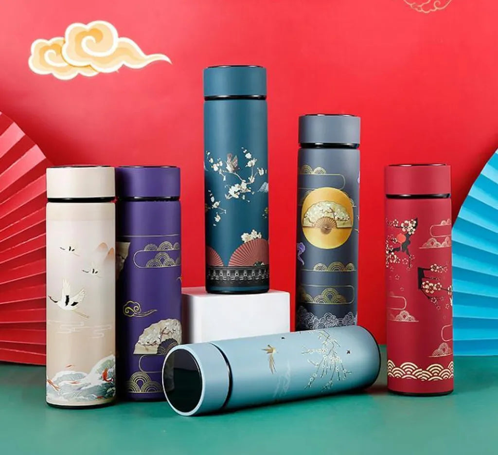  Fine Asianliving Insulated Water Bottle Stainless Steel 500ml Smart LED Temperature Touch Screen Red Cranes