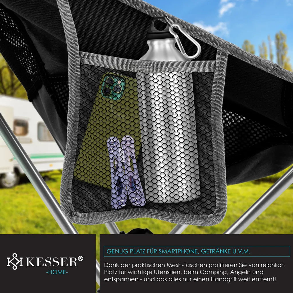  KESSER® Campingstuhl Faltbar Klappbar Mit Hoher Rückenlehne Tragbar Angelstuhl Camping Stuhl Faltstuhl Bis 120 Kg Strandstuhl Angelstuhl Klapphocker Mit Getränkehalter Outdoor Stuhl, Farbe:Schwarz / Grau