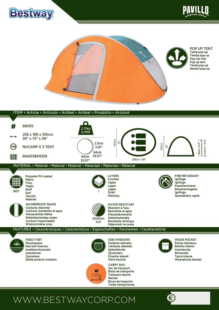  Bestway Pop-Up Zelt "Nucamp X 3 Tent" 235 X 190 X 100 Cm, 68005