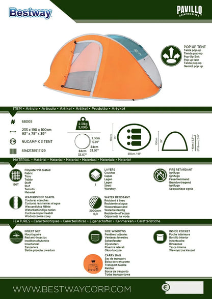  Bestway Pop-Up Zelt "Nucamp X 3 Tent" 235 X 190 X 100 Cm, 68005