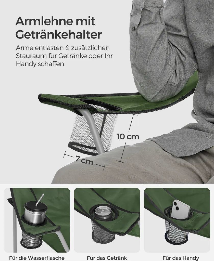  SONGMICS Campingstühle, 2er Set, Klappstühle, Outdoor-Stühle Mit Armlehnen Und Getränkehalter, Stabiles Gestell, Bis 120 Kg Belastbar, Grün GCB001C01