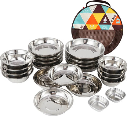  CLS 22-teiliges Tragbares Essteller-Set, Camping-Geschirr-Set, Polierter Edelstahl, Schš¹sseln, Suppent?pfe Mit Aufbewahrungstasche Fš¹r Das Kochen Im Freien, Camping, Picknick, Grillen