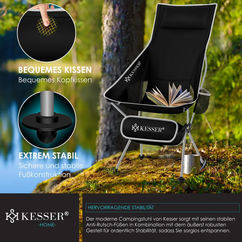 KESSER® Campingstuhl Faltbar Klappbar Mit Hoher Rückenlehne Tragbar Angel Stuhl Camping Stuhl Faltstuhl Bis 120 Kg Strandstuhl Angelstuhl Klapphocker Mit Getränkehalter , Outdoor Stuhl, Farbe:Schwarz / Grau