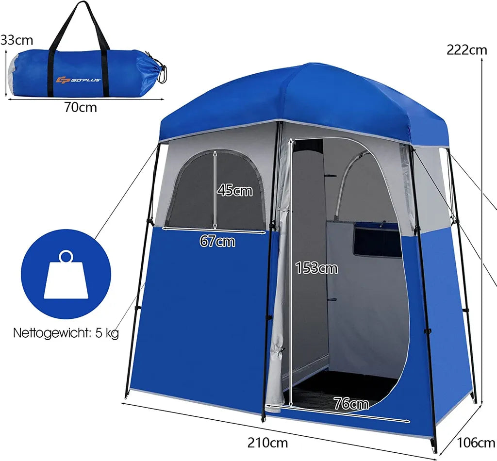  COSTWAY Duschzelt 2 Räume Umkleidezelt Toilettenzelt Mit Tragetasche, Beistellzelt Stehzelt Campingzelt Strand Für 2 Personen 210x106x222cm